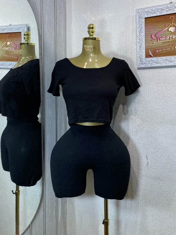 Women's Black Two-Piece Crop Top and Biker Shorts Set