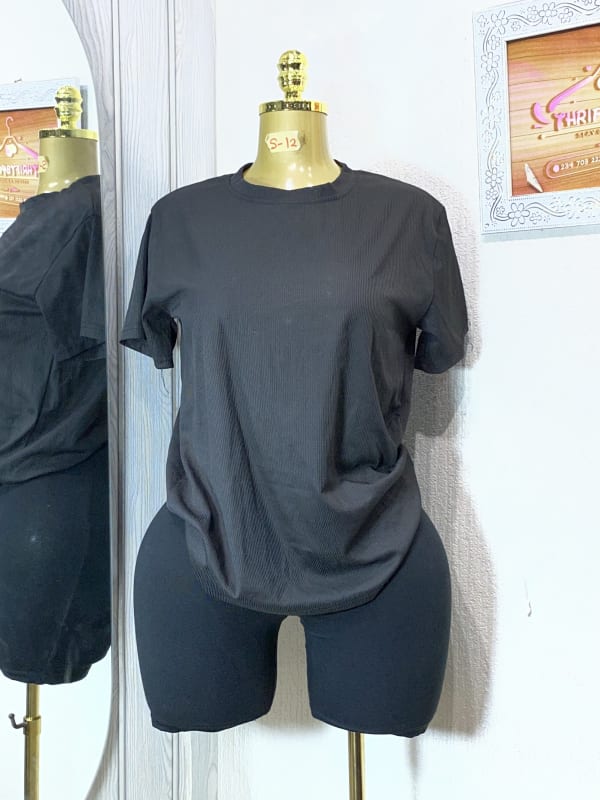 Essential Ribbed Knit Black Crew Neck T-Shirt