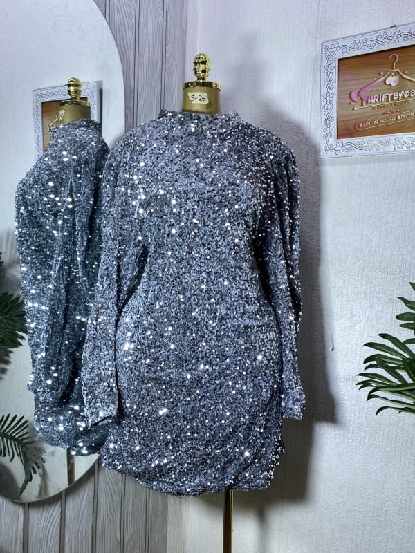 Sparkly Silver Sequin Long Sleeve Bodycon Mini Dress