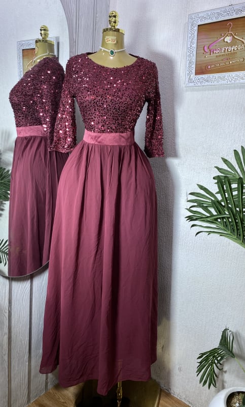 Burgundy Sequin Bodice Maxi Dress