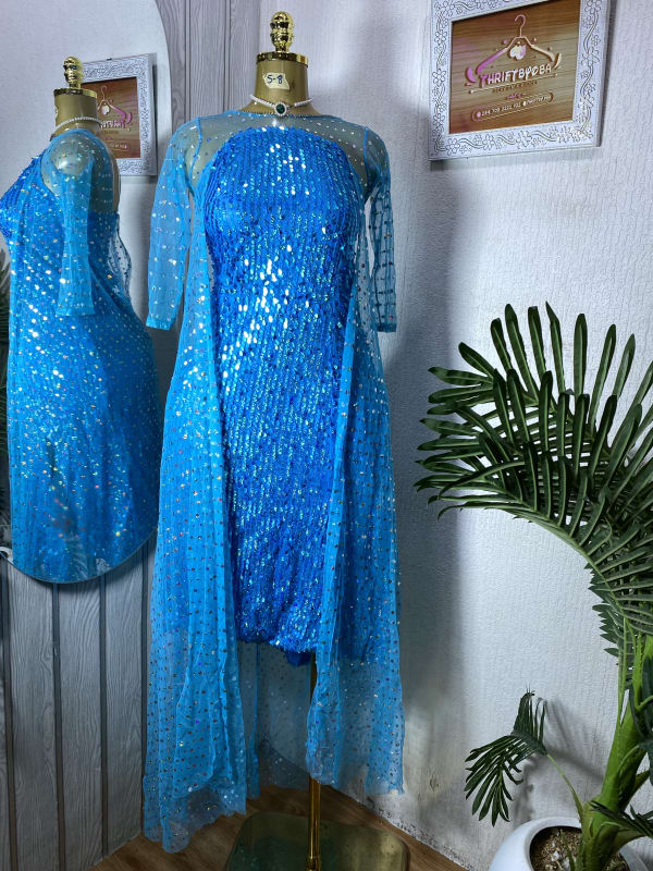 Sparkling Blue Sequin Overlay Mini Dress