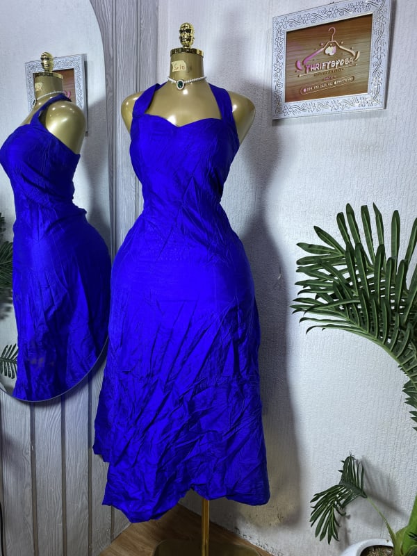 Elegant Royal Blue Halter Neck Midi Dress