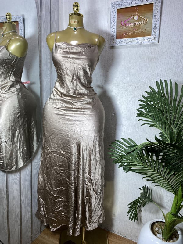 Elegant Champagne Satin Cowl Neck Midi Slip Dress