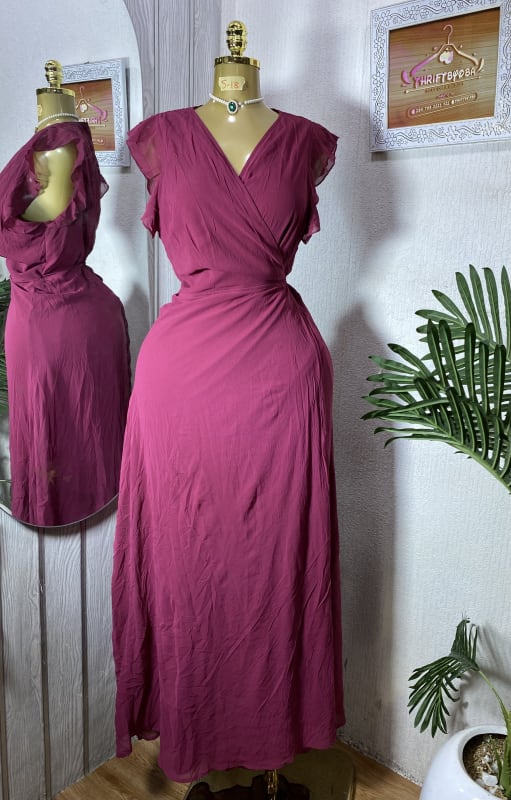 Elegant Magenta V-Neck Ruffle Wrap Maxi Dress