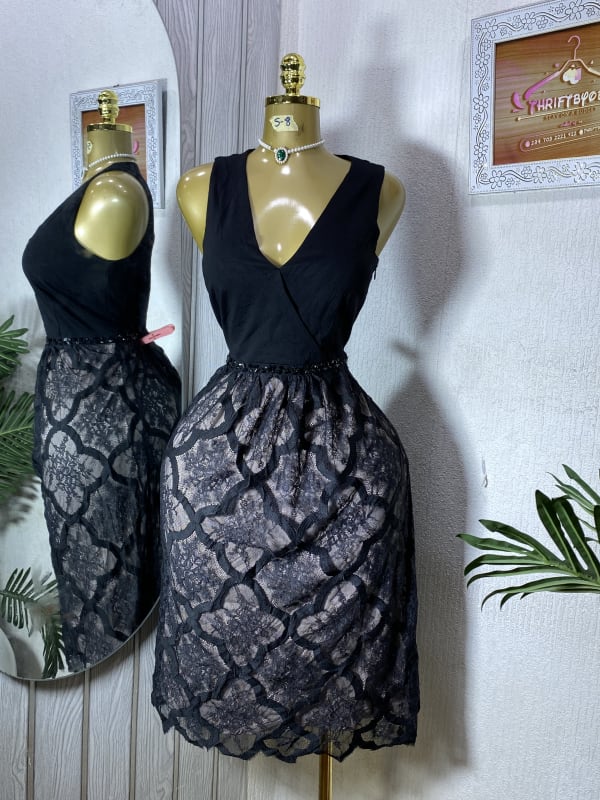 Elegant Sleeveless Black Lace Overlay Midi Dress