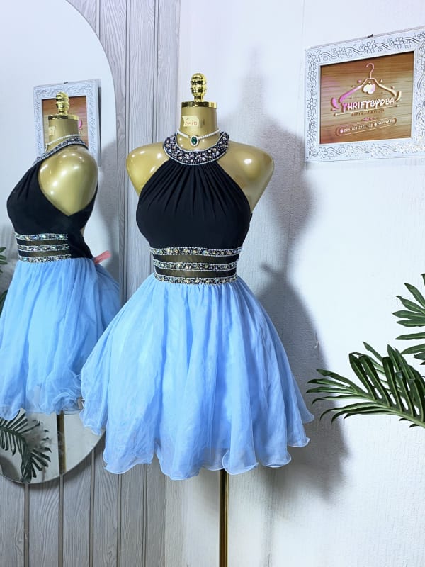 Elegant Black and Blue Beaded Halter Mini Party Dress