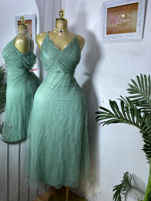 Sage Green Tulle V-Neck Ruched Midi Dress