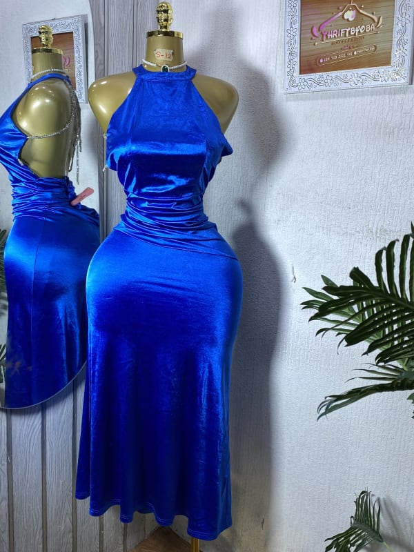 Royal Blue Velvet Halter Neck Backless Midi Dress
