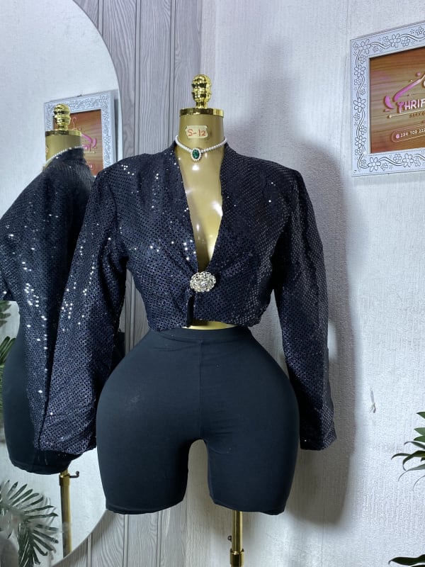Black Sequin Embellished Cropped Blazer Jacket