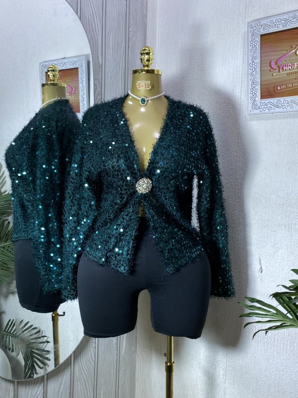 Elegant Emerald Green Sequin Fuzzy Cardigan