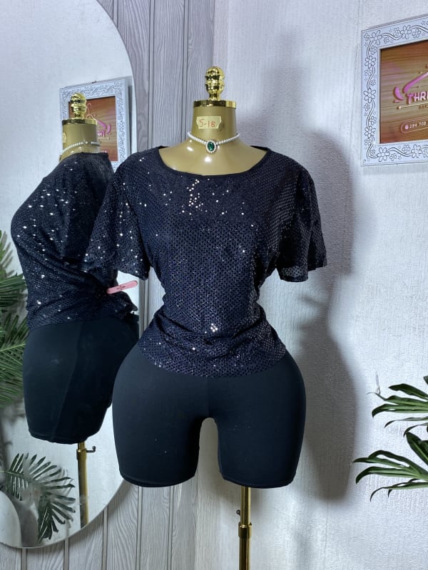 Elegant Black Sequin Short-Sleeve Glitter Top