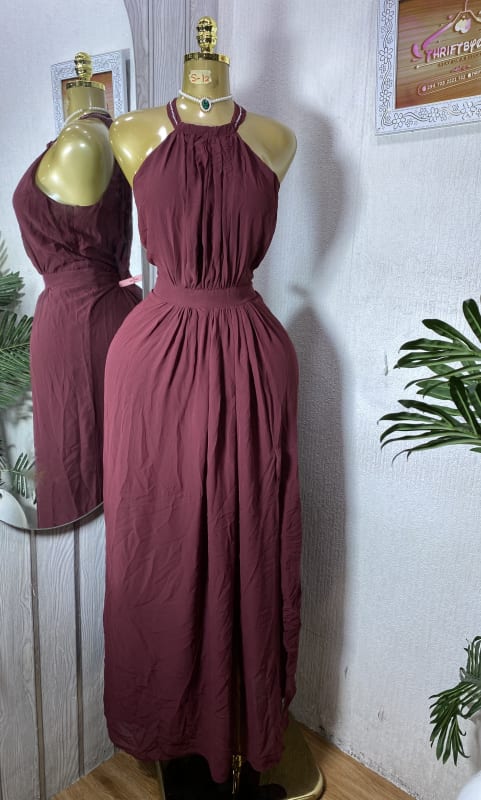 Elegant Burgundy Halter Neck Maxi Dress for Women