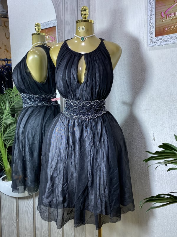 Elegant Black Beaded Waist Cocktail Dress