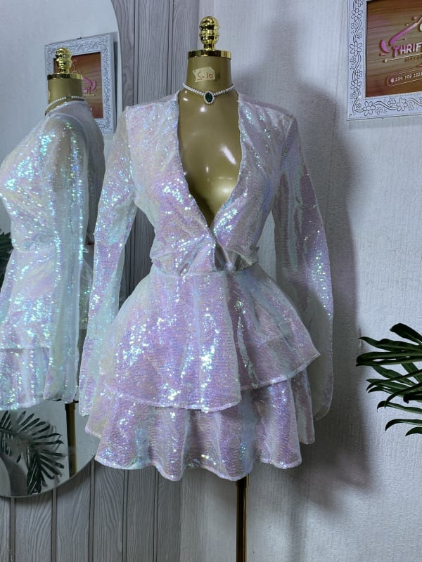 Iridescent White Sequin Ruffle Mini Party Dress