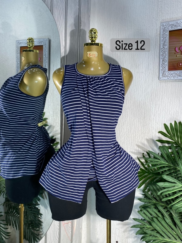 Women's Navy and White Striped Sleeveless Peplum Top