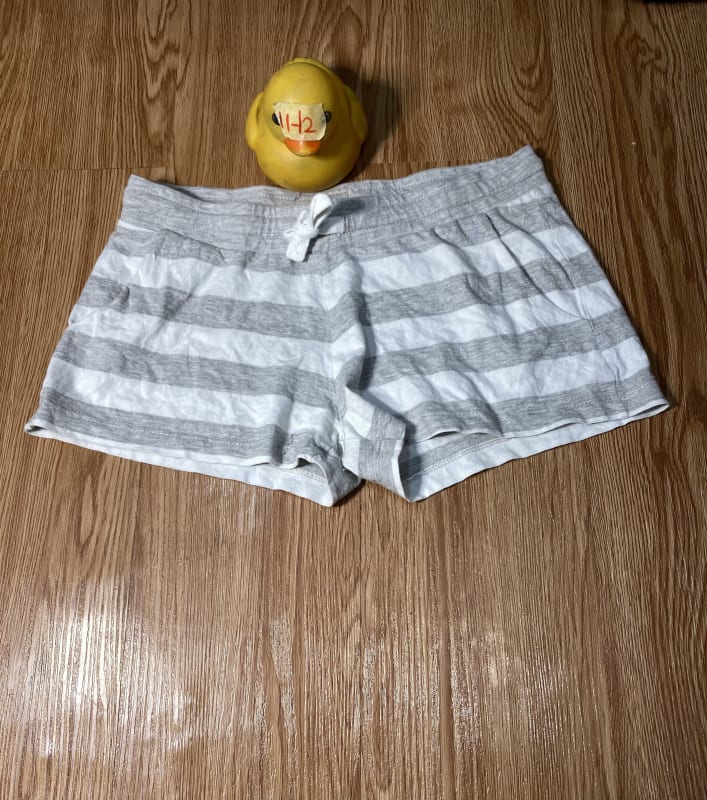 Women's Grey and White Striped Drawstring Lounge Shorts