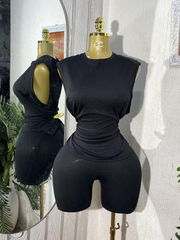 Women's Sleeveless Ruched Waist Biker Short Set