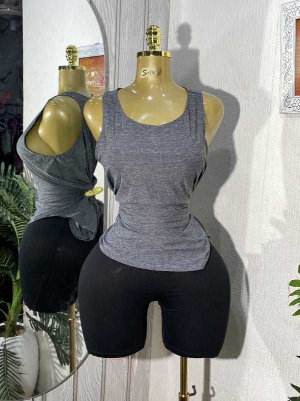 Women's Grey Athletic Tank Top and Black Biker Shorts Set