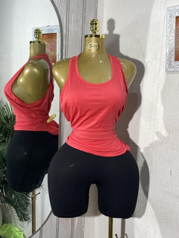 Women's Coral Racerback Tank Top and Black Biker Shorts Set