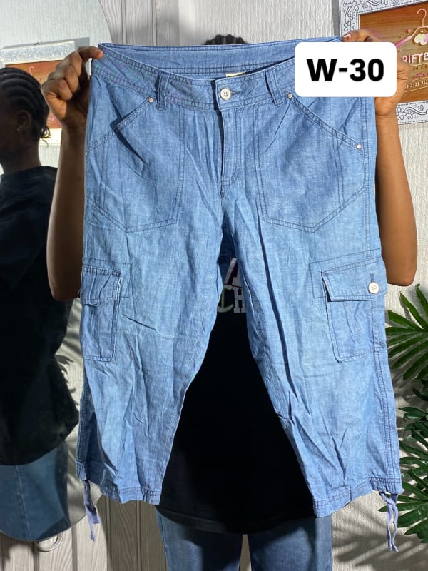 Women's Light Blue Denim Cargo Capri Pants