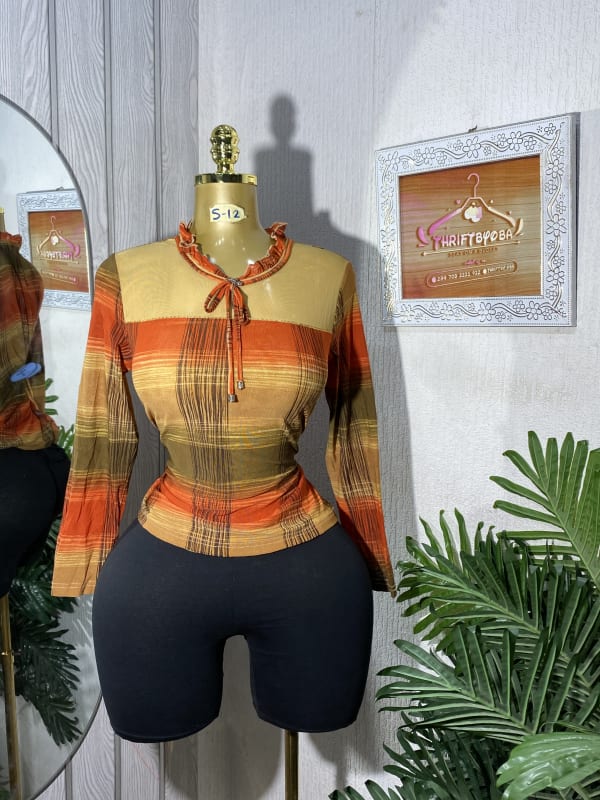 Vintage Plaid Long Sleeve Tie-Neck Blouse