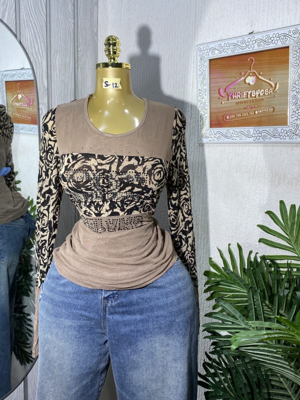 Women's Rhinestone Floral Long Sleeve Taupe Top