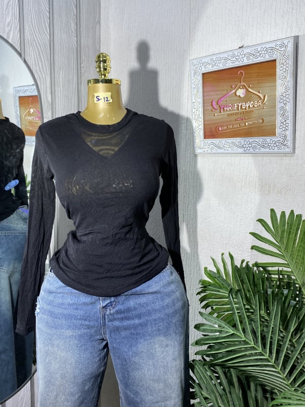 Black Long Sleeve Sheer V-Neck Layering Top