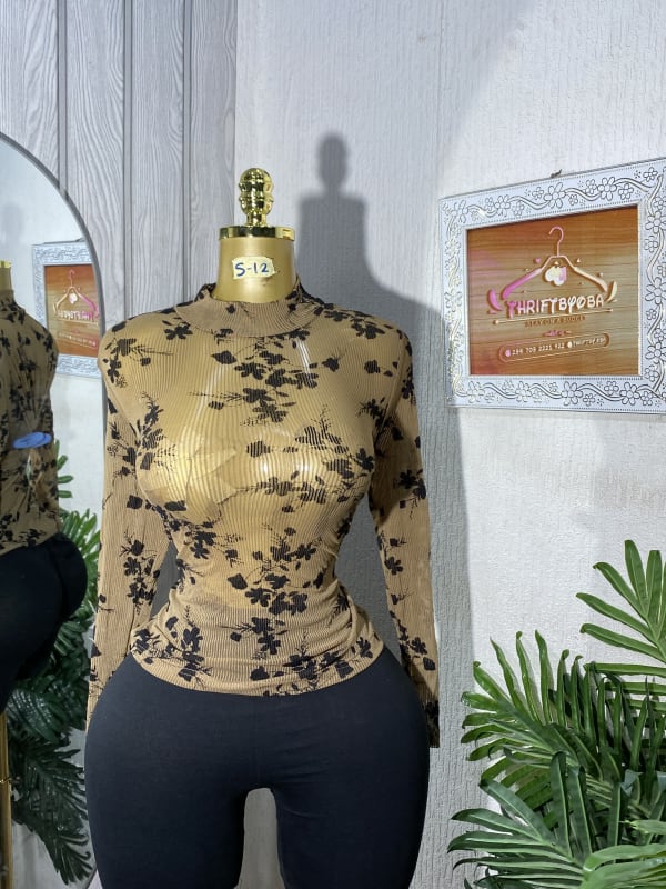 Tan Floral Print Ribbed Mock Neck Long Sleeve Top
