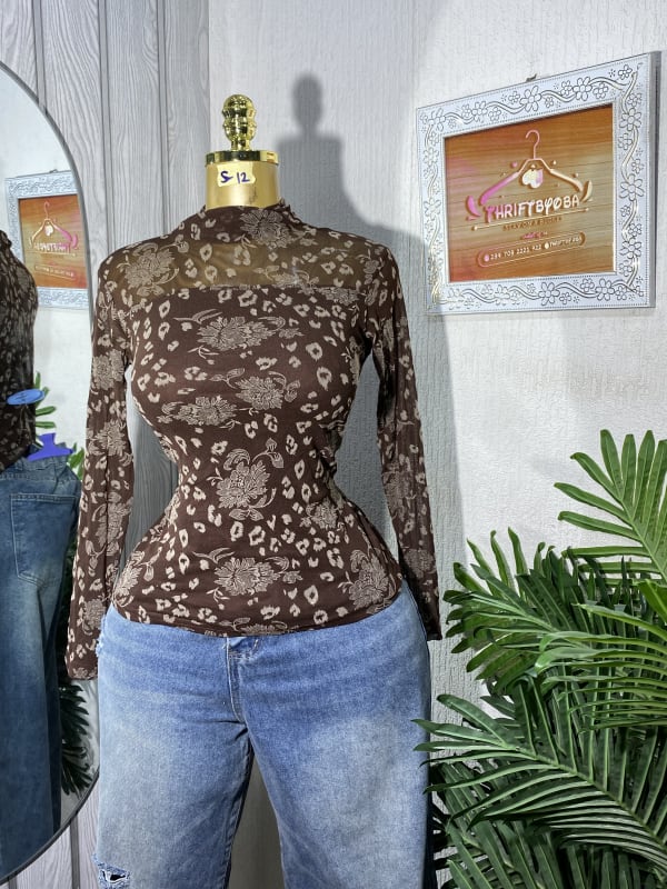 Women's Brown Floral Print Mesh Long Sleeve Top