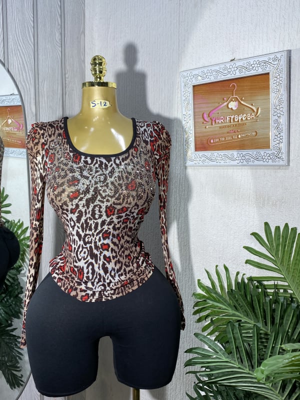 Women's Rhinestone Embellished Leopard Print Long Sleeve Top