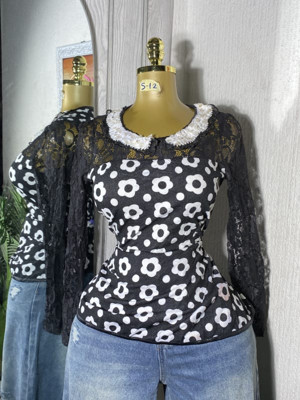 Black Floral Lace Blouse with Pearl Collar Detail