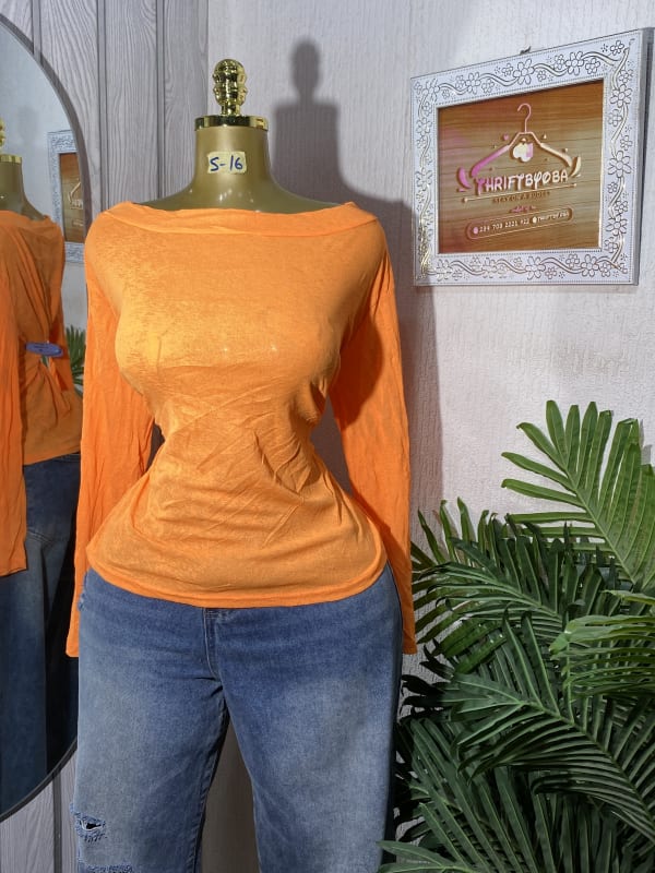Vibrant Orange Long-Sleeve Off-Shoulder Lightweight Top