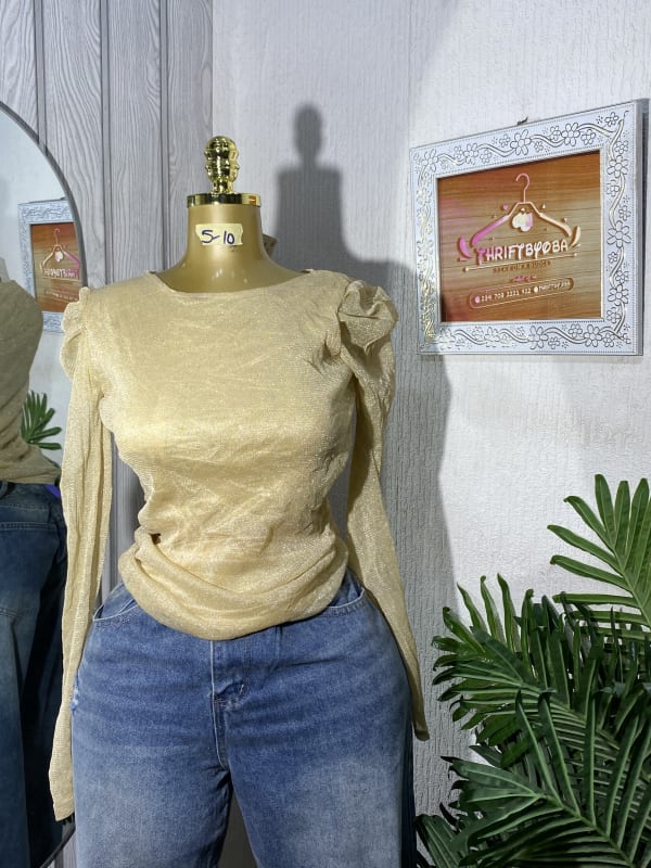 Elegant Gold Shimmer Long Sleeve Puff Shoulder Top