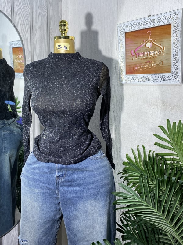 Black Shimmer Long Sleeve Mock Neck Top