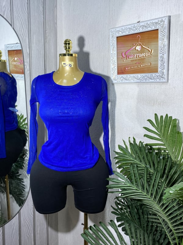Royal Blue Sheer Long-Sleeve Embellished Top