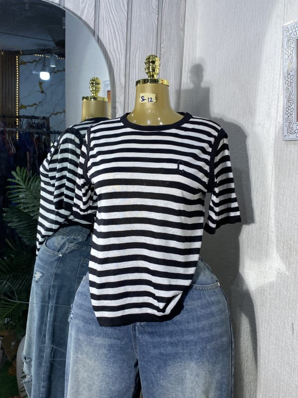 Classic Black & White Striped Crew Neck Tee