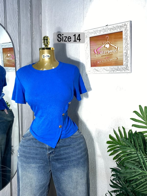 Women's Ribbed Royal Blue Side-Button T-Shirt - Size 14