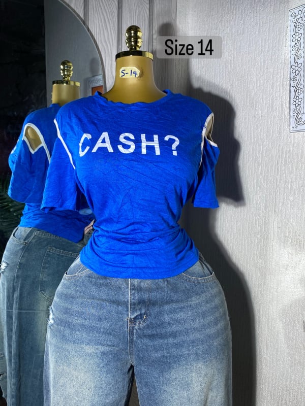 Women's Blue Graphic Tee with Cutout Shoulder Detail