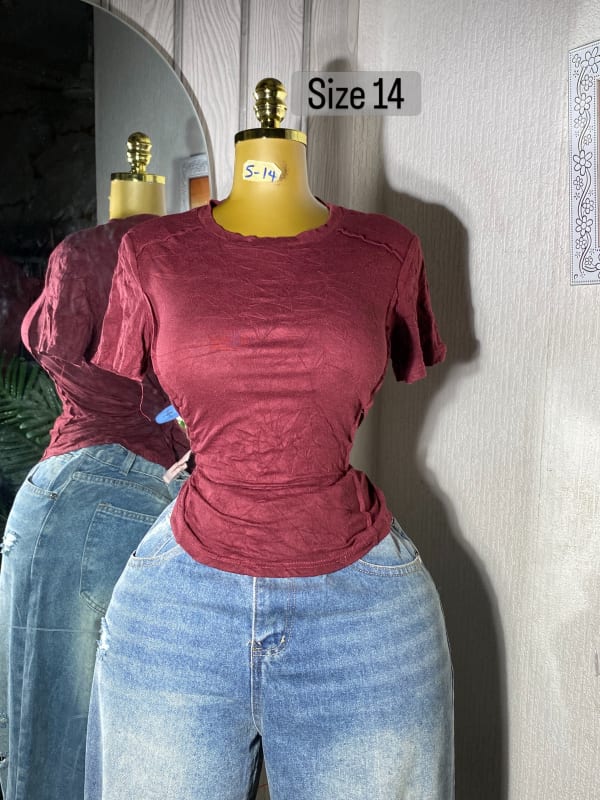 Women's Burgundy Textured Crew Neck Short Sleeve Top