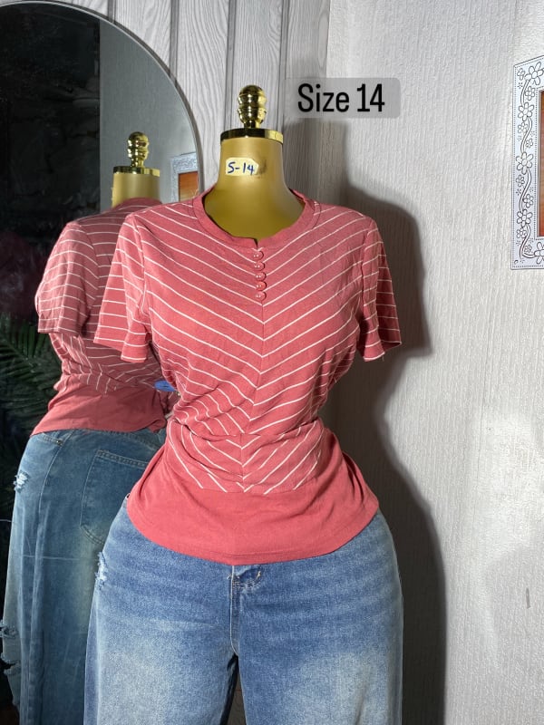 Women's Striped Button-Detail Casual Tee - Size 14