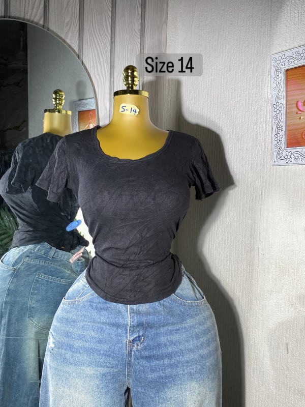 Women's Classic Black Ribbed Scoop Neck T-Shirt - Size 14