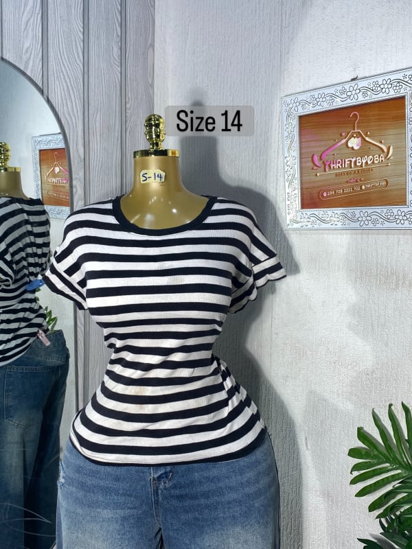 Classic Black and White Striped Ribbed Tee - Size 14