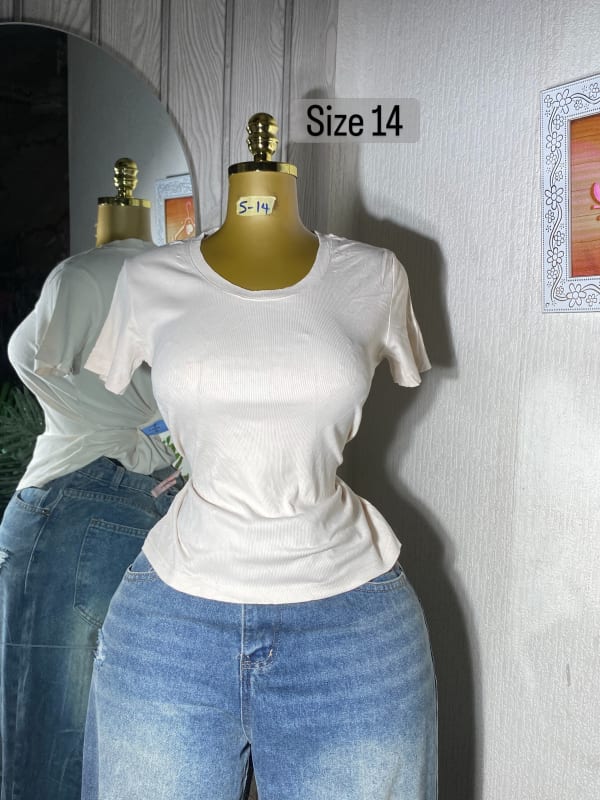 Women's Cream Ribbed Short Sleeve Crew Neck T-Shirt