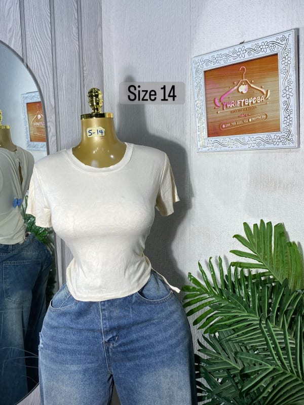 Minimalist Cream Crew Neck Fitted Tee - Size 14