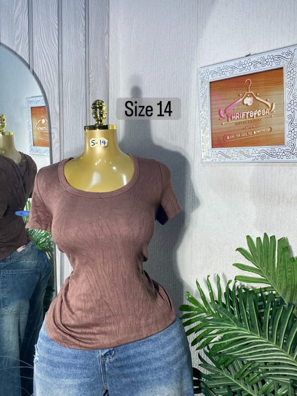 Women's Casual Ribbed Brown Scoop Neck T-Shirt