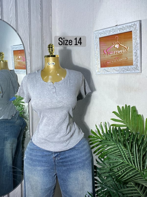 Grey Ribbed Henley T-Shirt for Women - Size 14