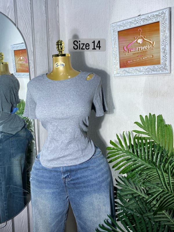 Women's Grey Ribbed Cold Shoulder T-Shirt - Size 14
