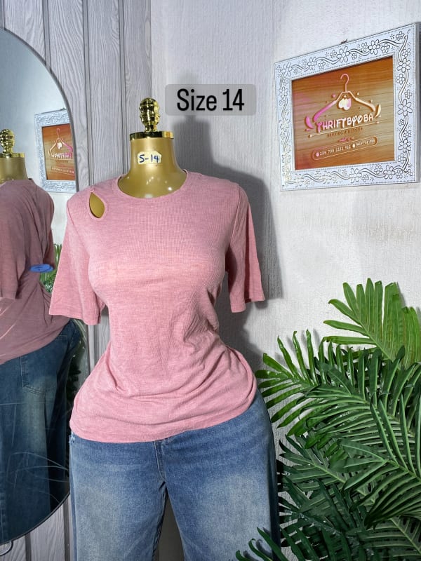 Women's Pink Ribbed Cut-Out Detail Casual T-Shirt Size 14