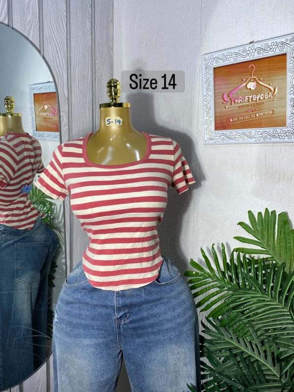 Women's Red and White Striped Ribbed Scoop Neck Top