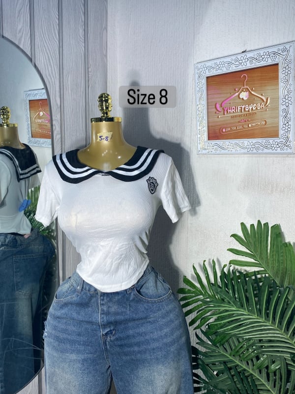 White Sailor Collar Ribbed Top - Size 8